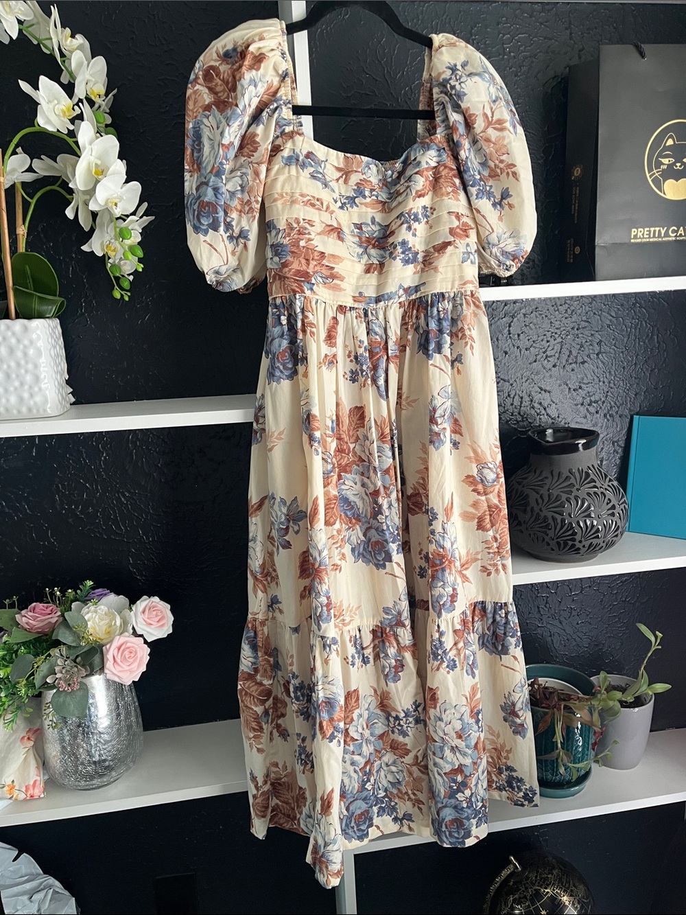 Abercrombie & Fitch Emerson Cream Midi Dress with Blue & Brown Floral Print - Picture 2 of 13